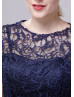 Cap Sleeves Navy Blue Lace Chiffon Flounced Prom Dress